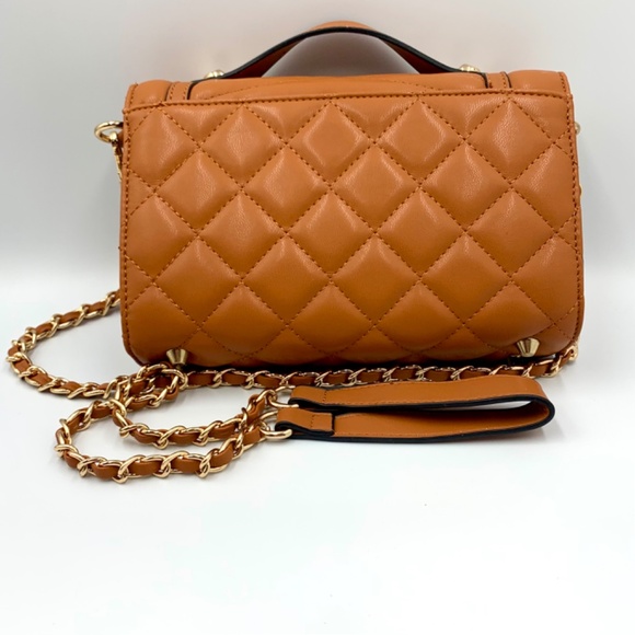 Chic brown/tan top handle trendy quilted shoulder crossbody bag gold-tone chain - Picture 4 of 13